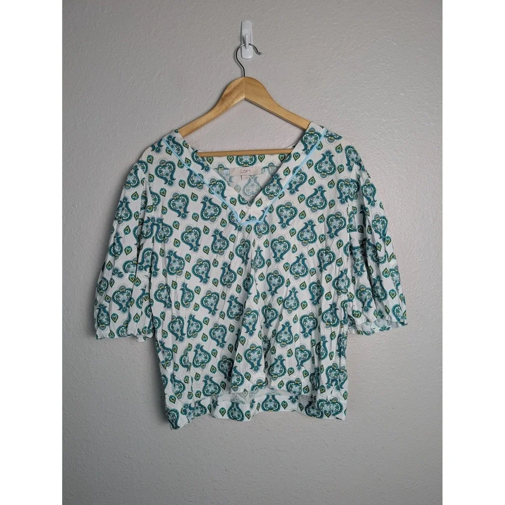 LOFT Blouse Womens L White Paisley V-Neck 3/4 Sleeve Cotton Rayon Lightweight - Picture 2 of 7